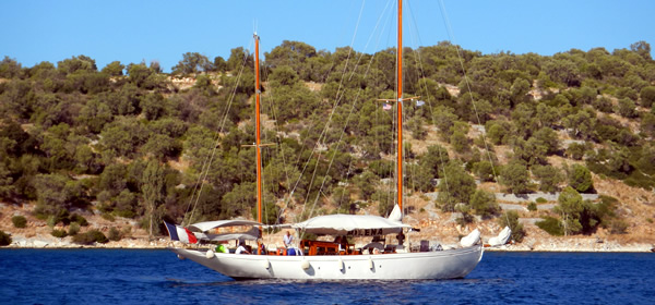 Classic Yacht at Anchor, Meganisi